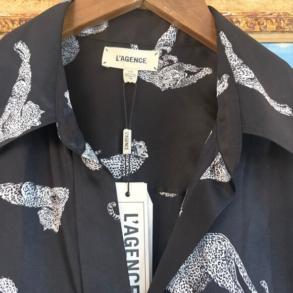 L’Agence Tyler Silk Leopard Cat Print Button Down Shirt Blouse Black Large NWT - Picture 5 of 13